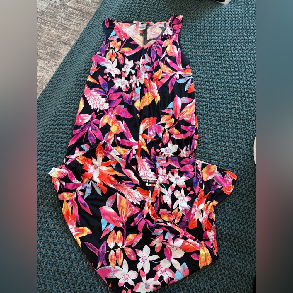 Tropical Floral Sleeveless set in Black with Pink & Orange Blooms